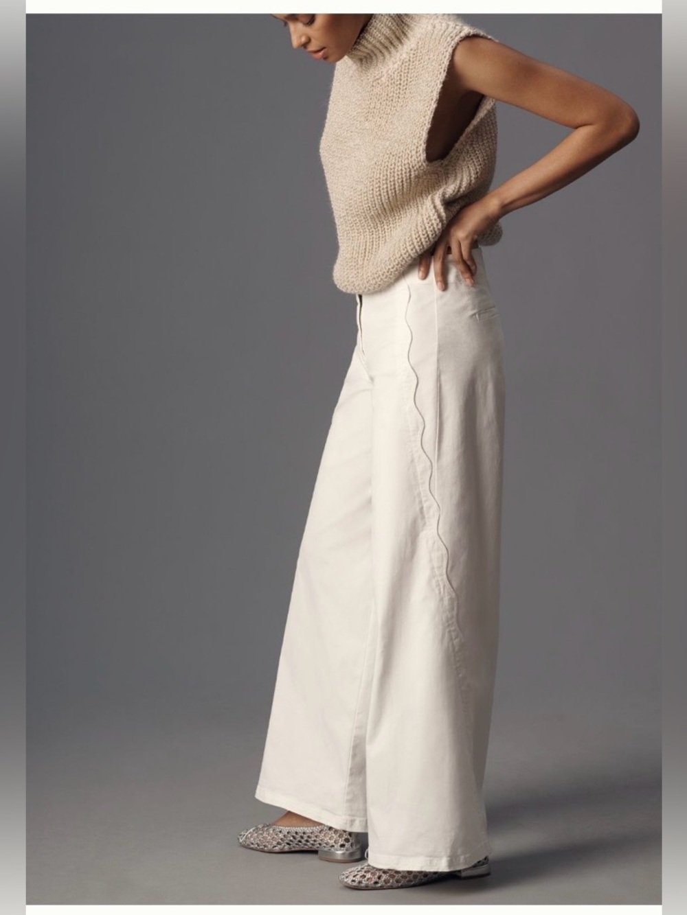 Maeve Cream Wide-Leg Scalloped Seam Pants